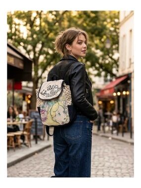 Vintage HTF Alice in Wonderland Illustrated Canvas Backpack - Cream/Black